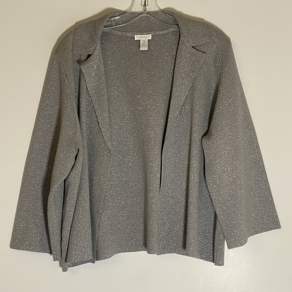 Chicos Cardigan Sweater Womens XL Silver Metallic Open Knit Collared Holiday Fun